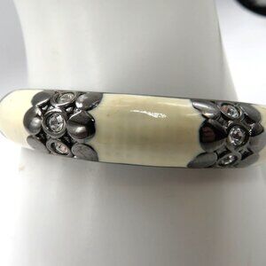 Enamel Bracelet Cream Gun Metal Gray Hinged Bangle Clear Rhinestone Accents